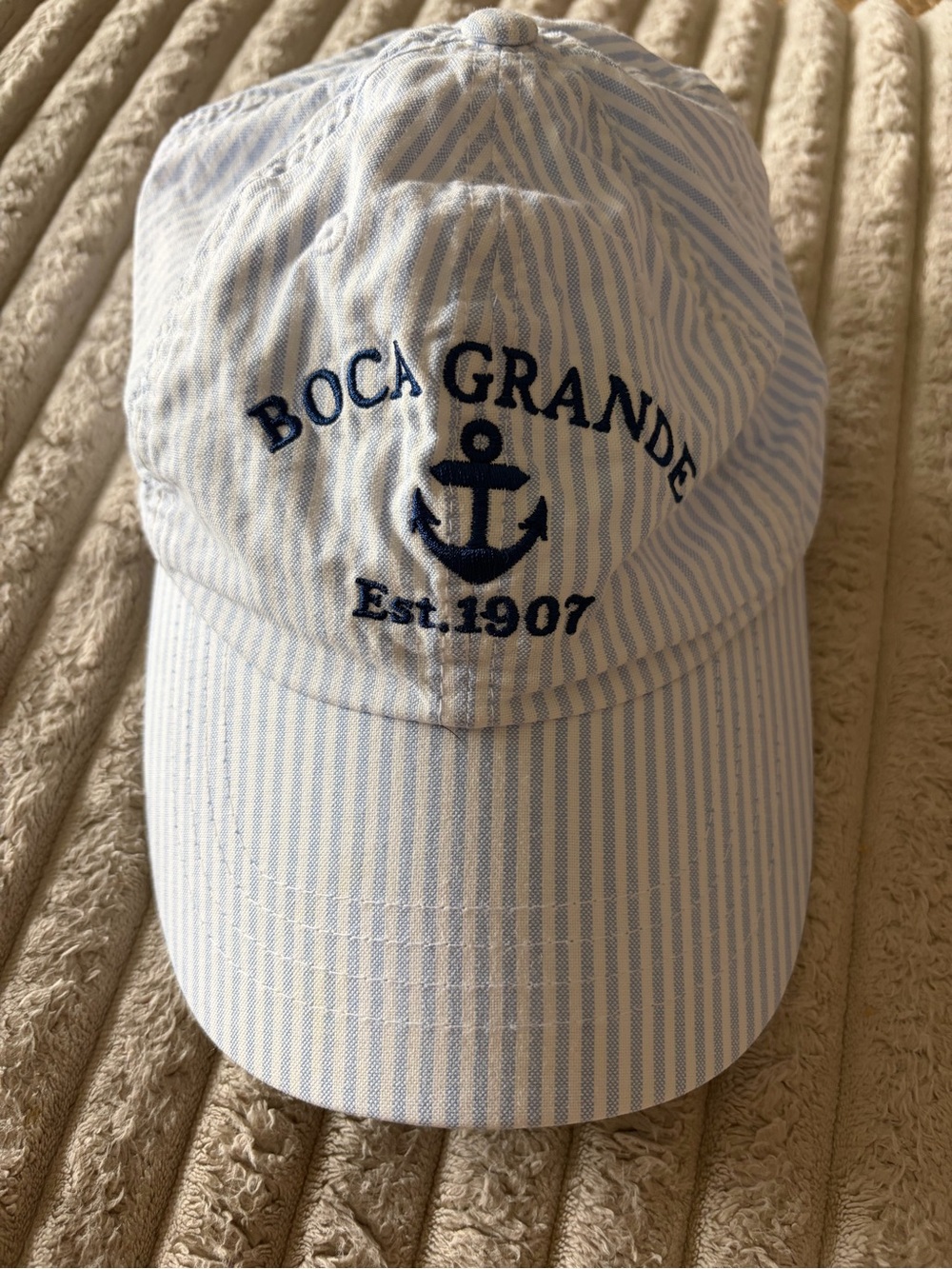Ahead Boca Grande Cap in Light Blue and White Stripe with Navy Anchor